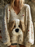 Lady Retro Cute Dog Plush Comfortable Knitted Sweater. artswardrobe