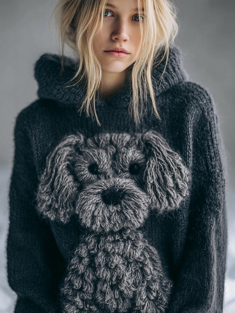 Comstylish Lovely Fuzzy Dog Embroidered Cozy Hooded Sweater