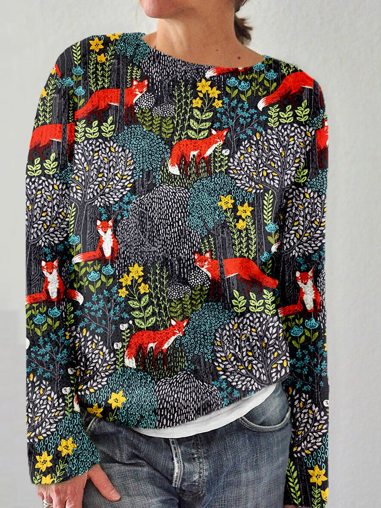 Fox in the Forest Graphic Crew Neck Cozy Sweater artswardrobe