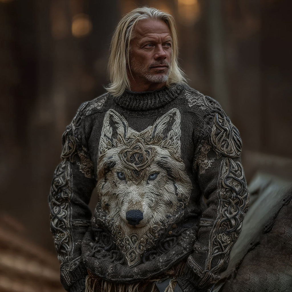 Men's Viking Wolf Knit Pullover Sweater artswardrobe