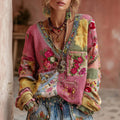 Women's Vintage Floral Embroidery Patchwork Art V-neck Pullover Cozy Knit Sweater artswardrobe