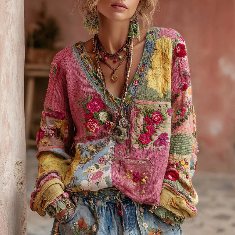 Women's Vintage Floral Embroidery Patchwork Art V-neck Pullover Cozy Knit Sweater artswardrobe