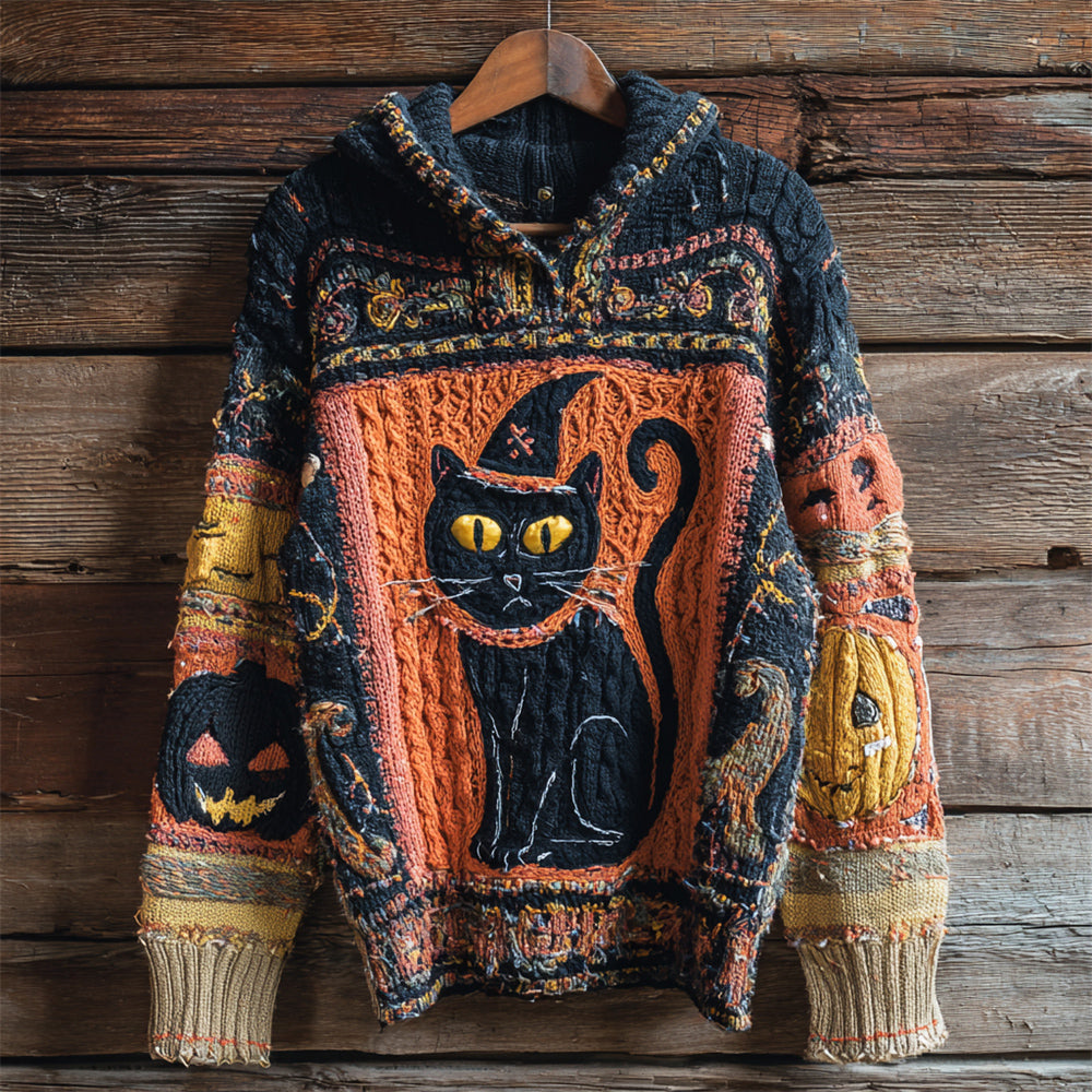 Comstylish Halloween Witch Cat Lady Chunky Knit Hooded Sweater