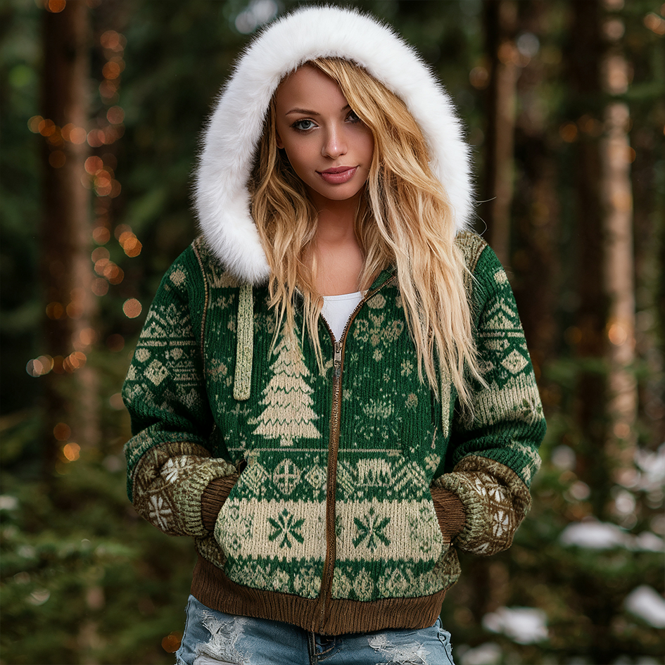 Comstylish Retro Christmas Elements Women's Knit Hooded Sweater Coat