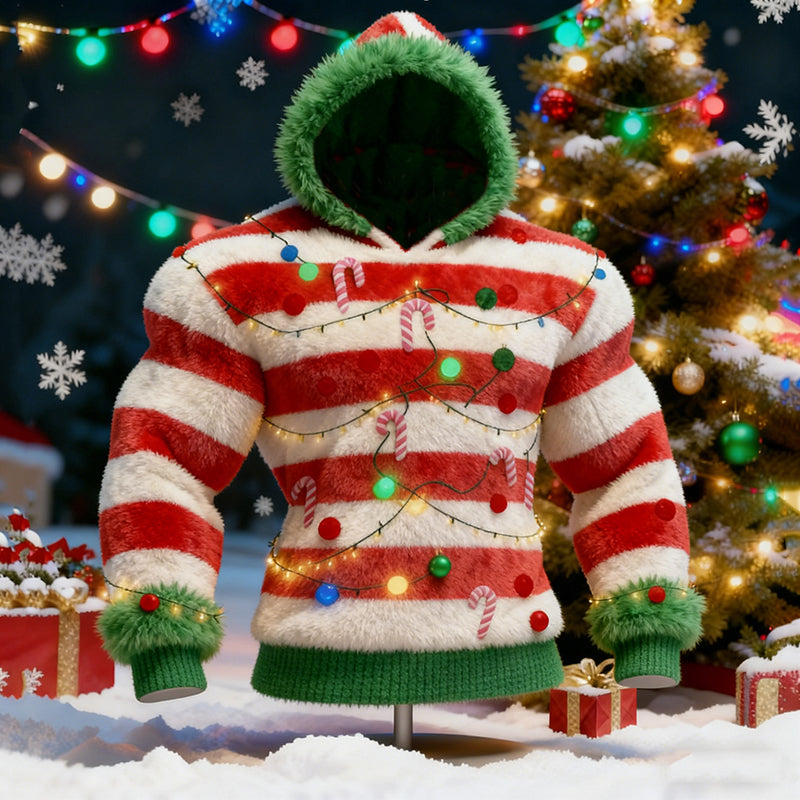 Comstylish Men's Christmas Light Striped Color-blocked Hooded Sweater