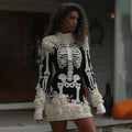 Women's Halloween Skeleton Bones Leather With Rose Cozy Knit Mini Sweater Dress artswardrobe