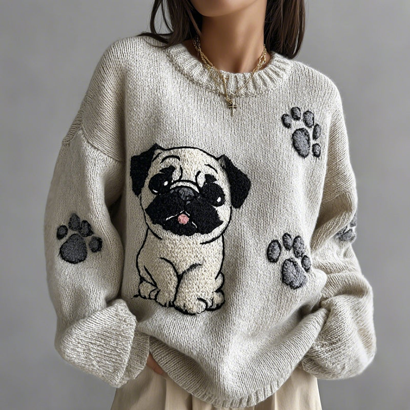 Lovely Cute Pug And Paws Embroidery Art Loose Cozy Knit Sweater artswardrobe