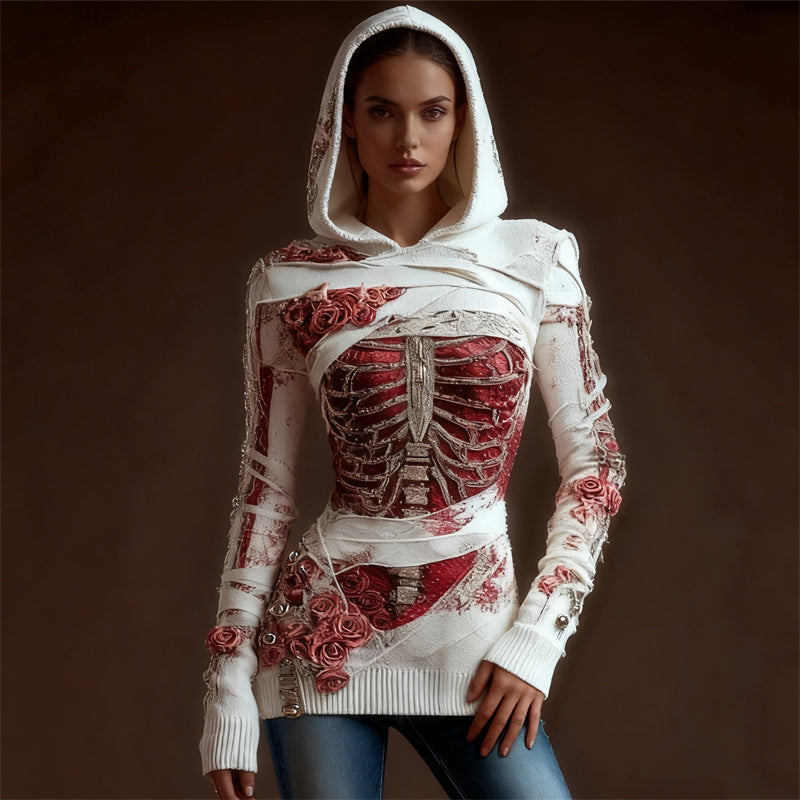 Comstylish Classy Skeleton Anatomy Bloody Roses Bandages Hooded Sweater
