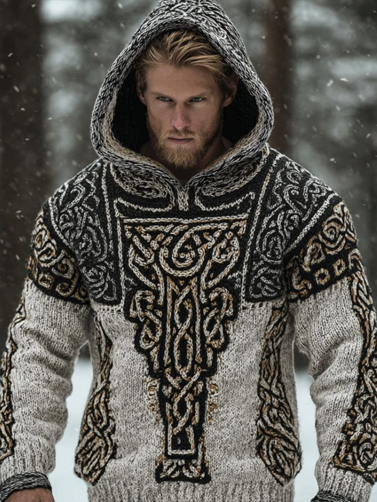 Men's Hooded Thick Sweater With Viking Style Tribal Totem And Wolf Totem Patterns artswardrobe