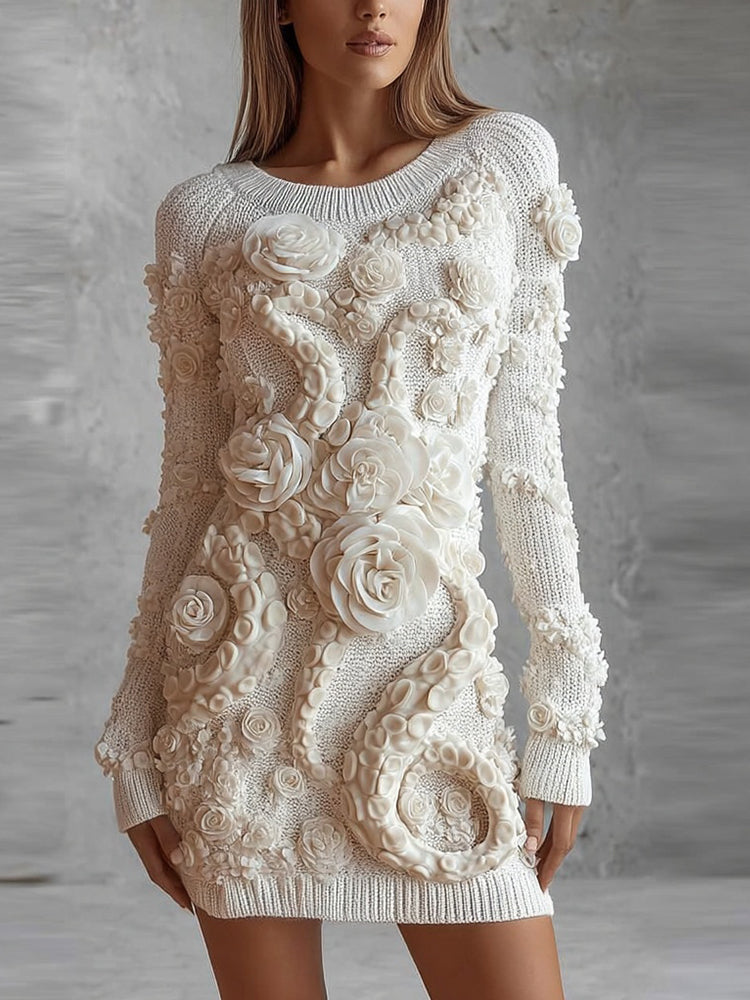 Vintage White Roses Tentacles Cozy Knit Sweater Dress artswardrobe