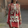 Comstylish Women's Vintage Halloween Skeleton Bones With Rose Art Cozy Knit Mini Sweater Dress
