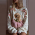Fuzzy Dog & Pink Pumpkin Floral Cozy Knit Sweater artswardrobe