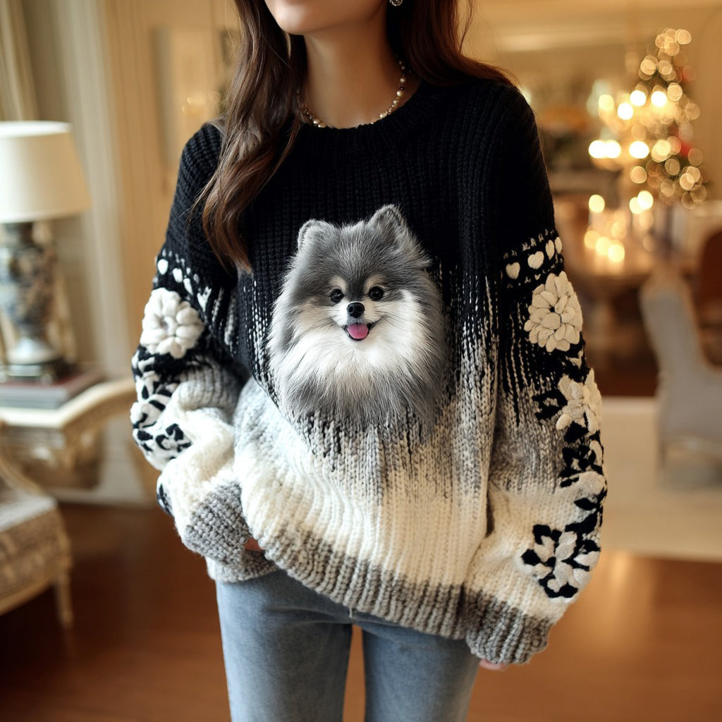 Fluffy Baby Puppy Pomeranian Floral Gradient Cozy Knit Sweater artswardrobe