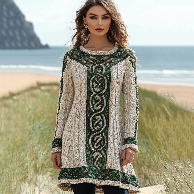 Women's Irish Celtic Knotted Crew Neck Contrast Sweater Dress artswardrobe