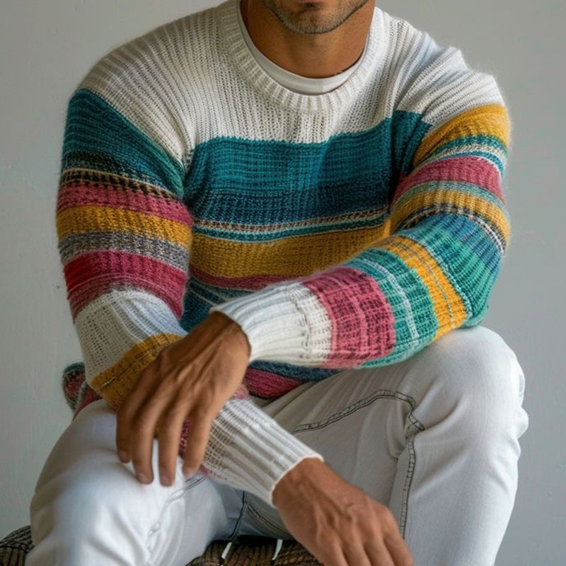 Men'S Retro Multicolor Stripe Art Cozy Knit Sweater artswardrobe