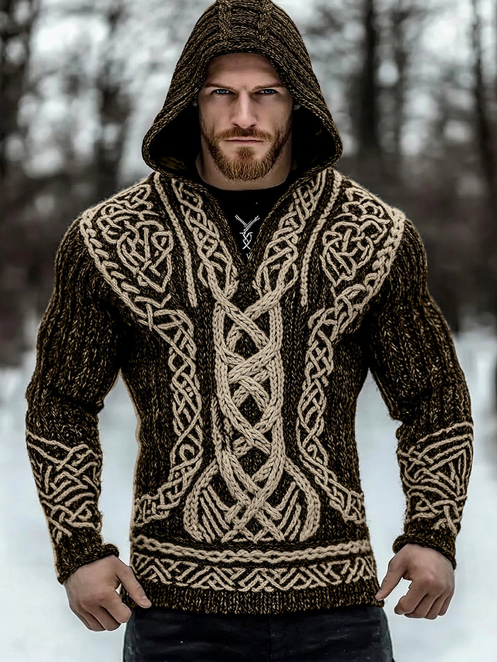 Men's Viking Tribal Jacquard Inspired Celtic Hooded Sweater artswardrobe