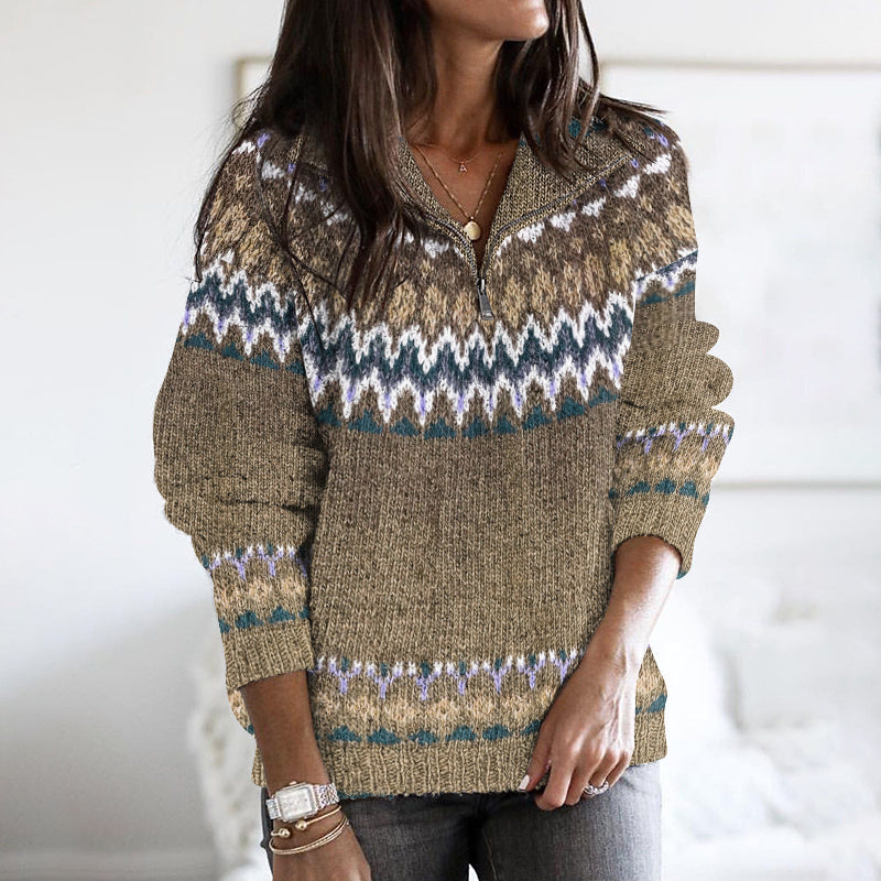 Vintage Ethnic Wave Pattern Jacquard Zipper Stand Collar Sweater elevenforest