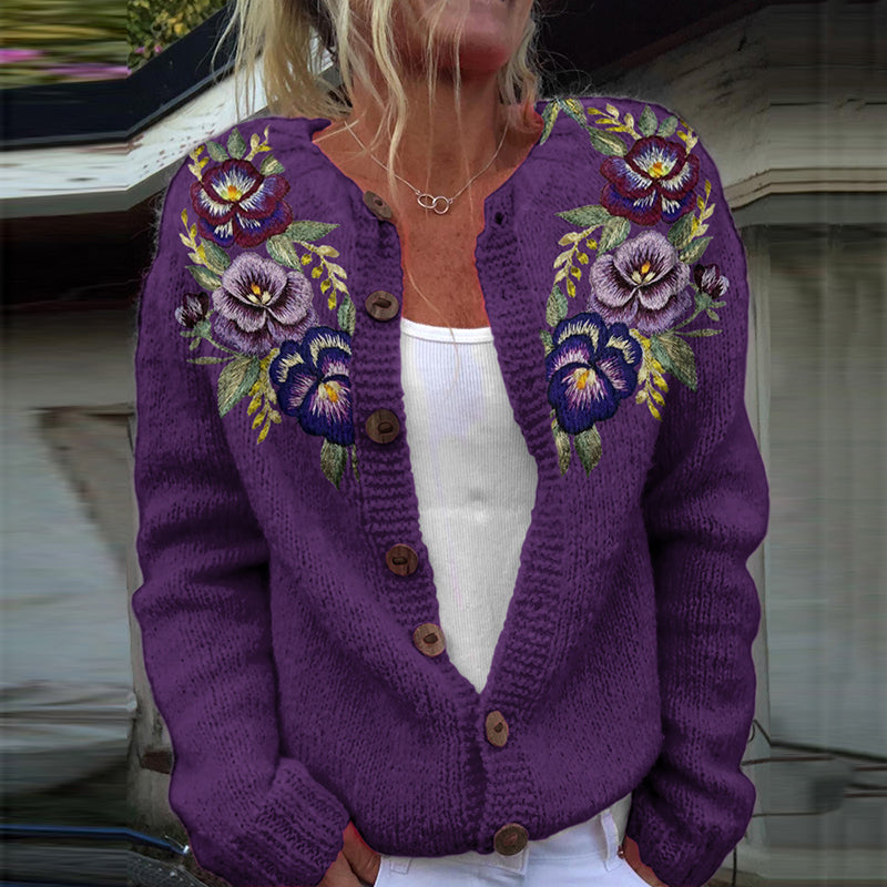 Vintage Embroidery Floral Art Knit Button Sweater artswardrobe