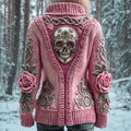 Metal Skull & 3d Floral Viking Art Women's Chunky Knit Stand Collar Zipper Sweater artswardrobe