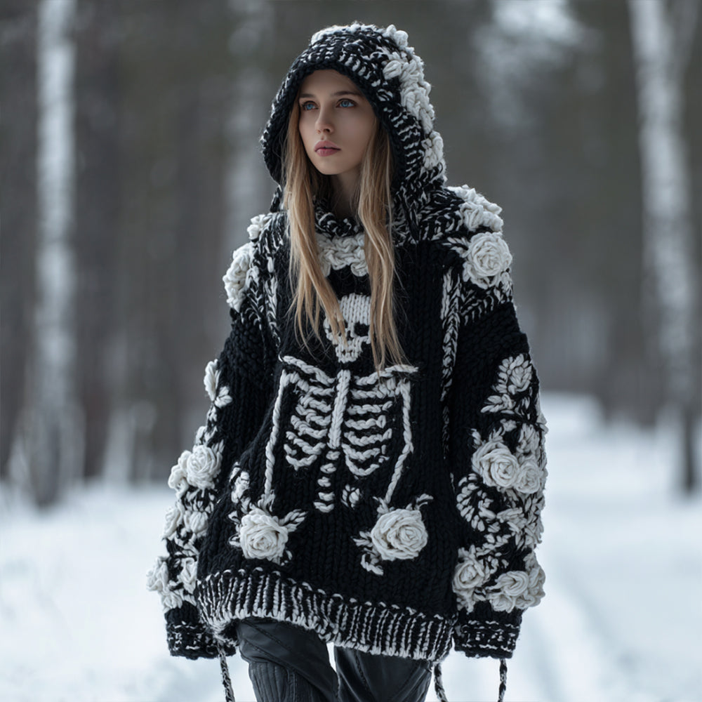 Women's Vintage Three-dimensional White Rose Casual Warm Hooded Sweater elevenforest