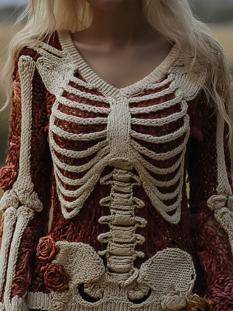 Comstylish Ladies' V-neck Knitted Sweater With Halloween-themed Line Art And Botanical Floral Design.