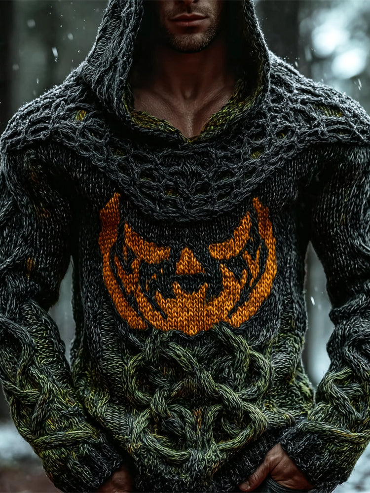 Viking Halloween Evil Emoji Men's Chunky Knit Twist Hooded Sweater elevenforest