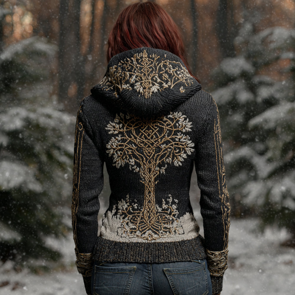 Comstylish Viking Style Life Tree Celtic Knot Stitch Chunky Knit Hoodie Sweater