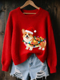 Comstylish Women's Christmas Corgi Dog Felt Art Cozy Knit Sweater