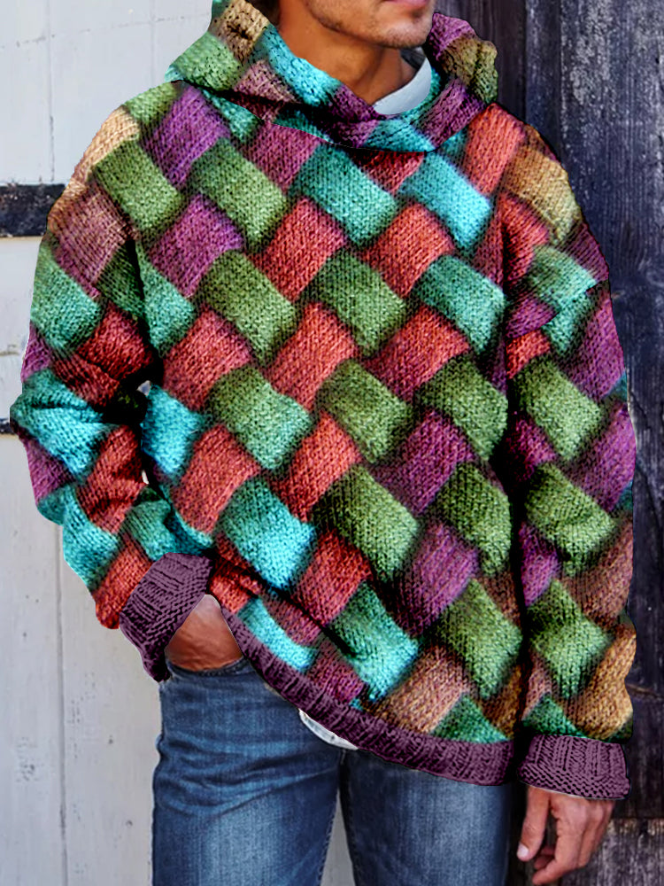 Men's Vintage Entrelac Knitted Cozy Hooded Sweater artswardrobe