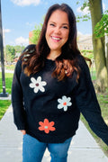 Luisa® | Eyes On You oversized knit sweater with floral patch in black