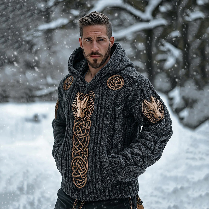 Men's Viking Tribal Wolf Totem Inspired Chunky Knit Pocket Hooded Sweater artswardrobe