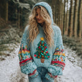 Women's Vintage Christmas Tree Pattern Cozy Knit Hooded Sweater artswardrobe
