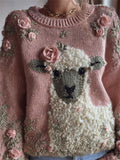 Vintage Sheep Pink Roses Beaded Cozy Knit Sweater artswardrobe