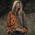 Halloween Pumpkin Face Patchwork Design Cozy Knit Hooded Sweater artswardrobe