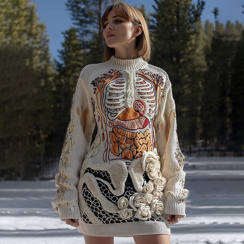 Comstylish Women's Vintage Halloween Anatomy Art Cozy Knit Mini Sweater Dress