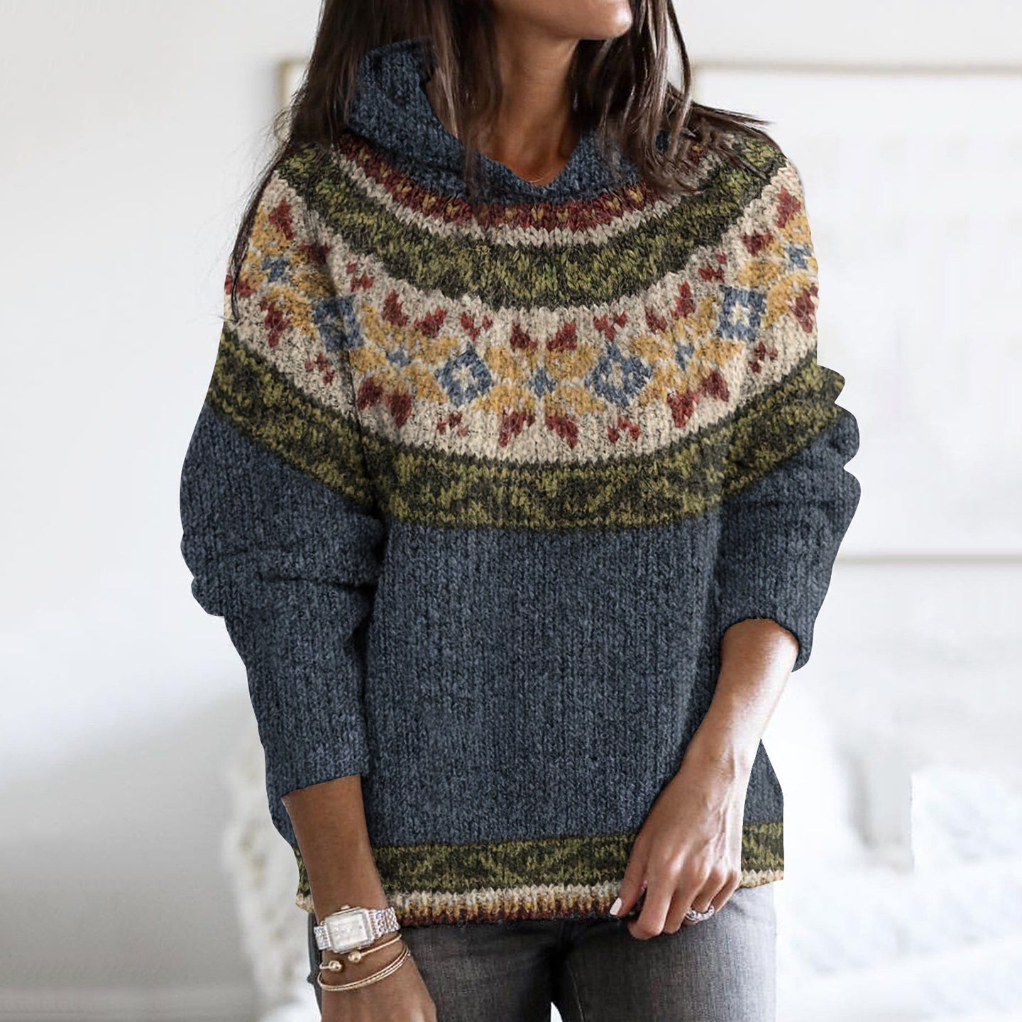 Vintage Contrast Iceland Jacquard Cozy Hoodie Sweater elevenforest