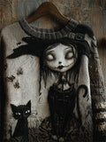 Halloween Gothic Witch Girl & Black Cat Knit Art Cozy Sweater artswardrobe