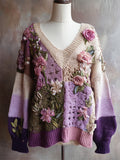 Boho Knit Floral Patchwork Art Women's V-neck Sweater artswardrobe