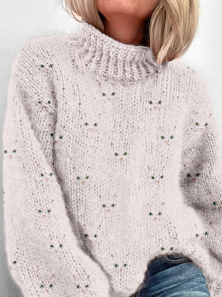 Comstylish Cute Cat Face Pattern Cozy Turtleneck Sweater
