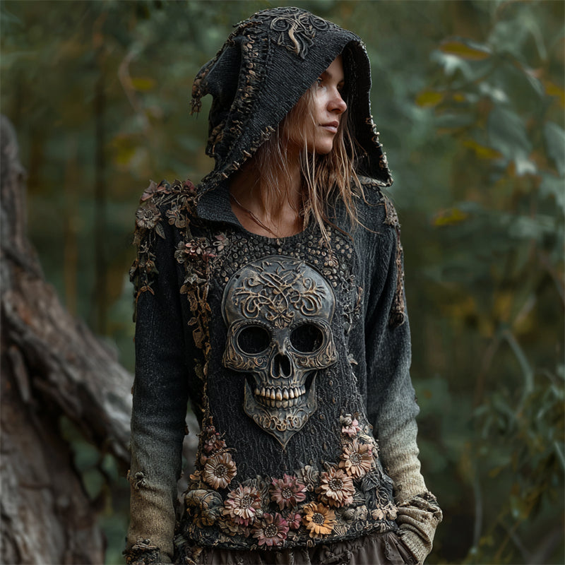 Comstylish Vintage Skull Floral Fiber Art Comfy Knit Hooded Sweater