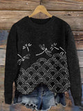 Comstylish Dragonflies & Sea Waves Japanese Sashiko Embroidered Knit Sweater