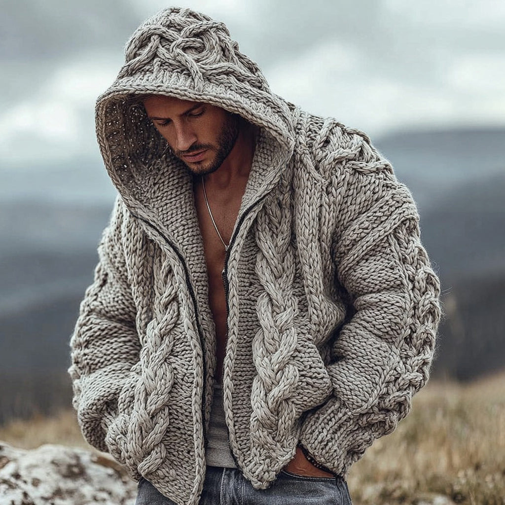 Men's Casual Cable Knit Warm Hooded Zip-up Sweater elevenforest