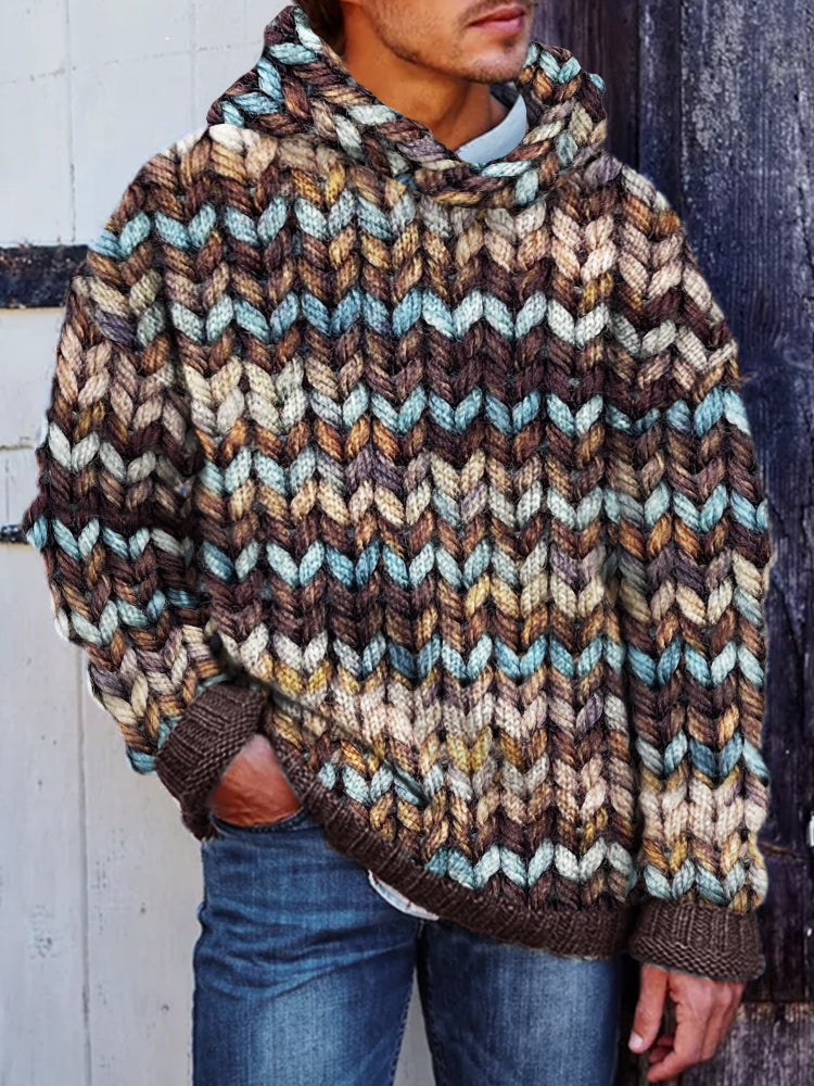 Men's Retro Earthy Colorful Knit Chunky Hooded Sweater artswardrobe