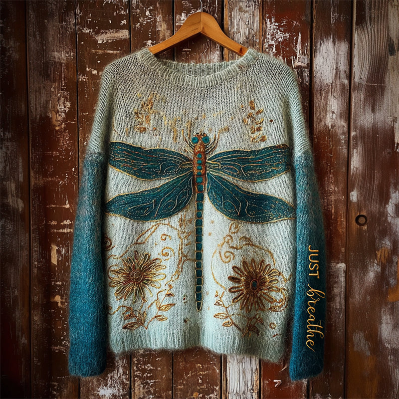 Comstylish Just Breathe Dragonfly Floral Embroidered Cozy Knit Sweater