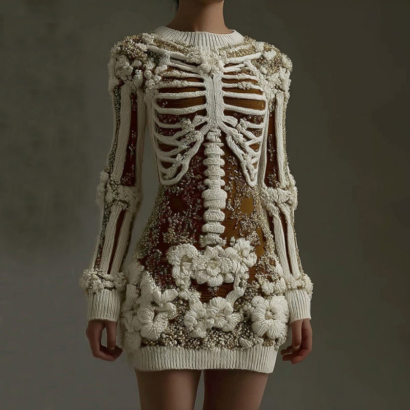 Comstylish Women's Halloween Skeleton Art Gothic Knit Mini Sweater Dress
