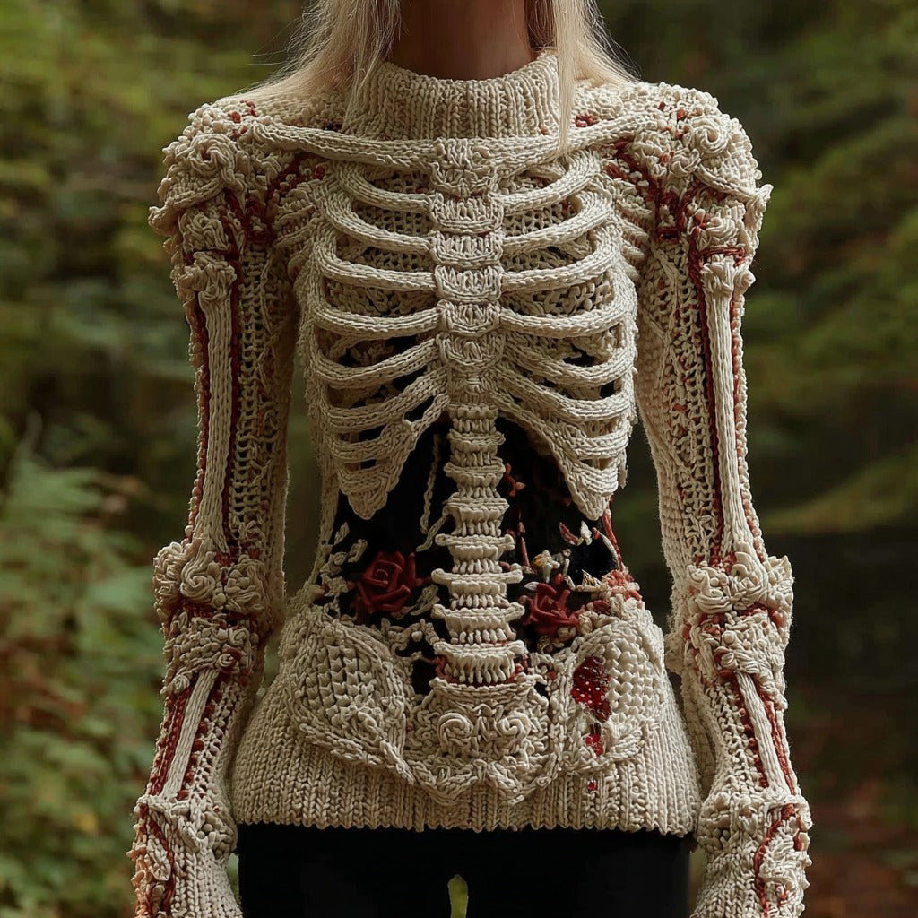 Comstylish Vintage Skull Human Anatomy Rose Art Knit Turtleneck Sweater