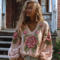 Women's Vintage Floral Pink V-neck Sweater artswardrobe