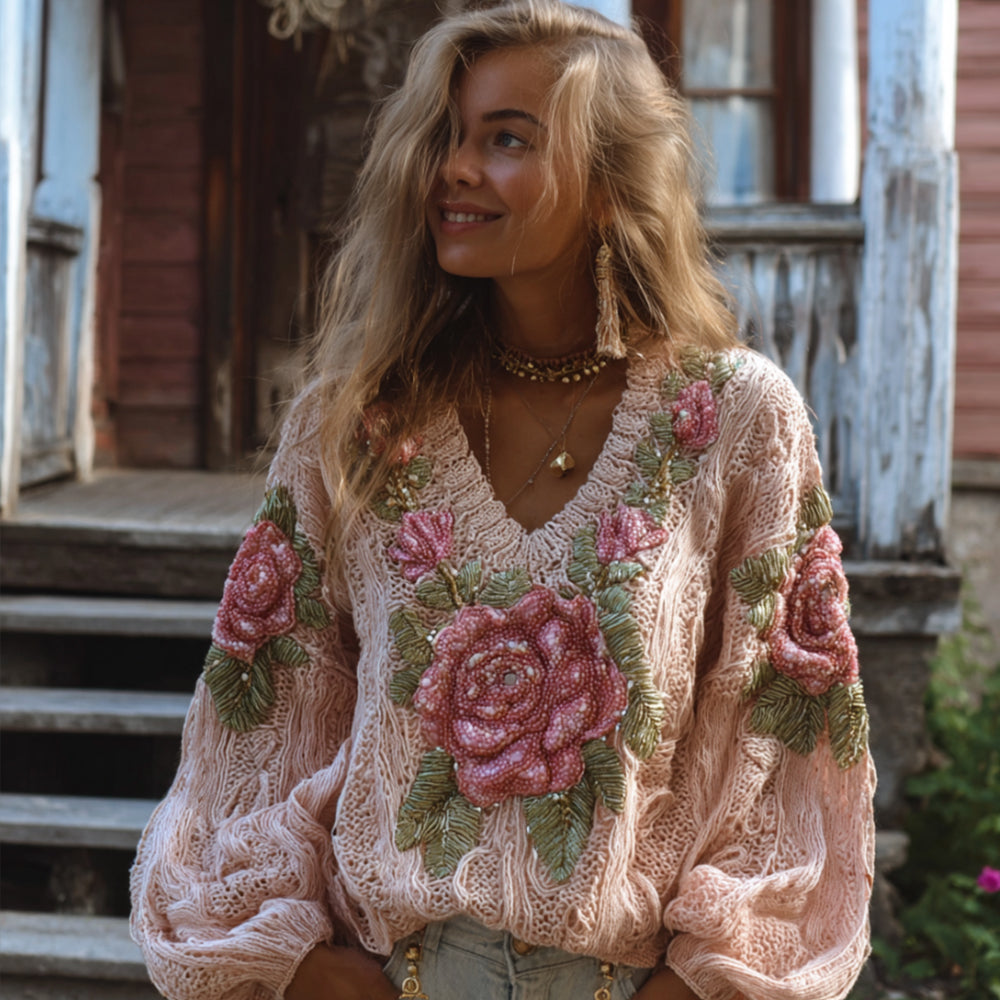Comstylish Women's Vintage Floral Pink V-neck Sweater