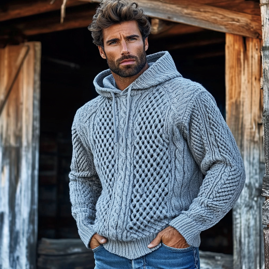 Men'S Waffle Knit Pattern Hooded Sweater artswardrobe