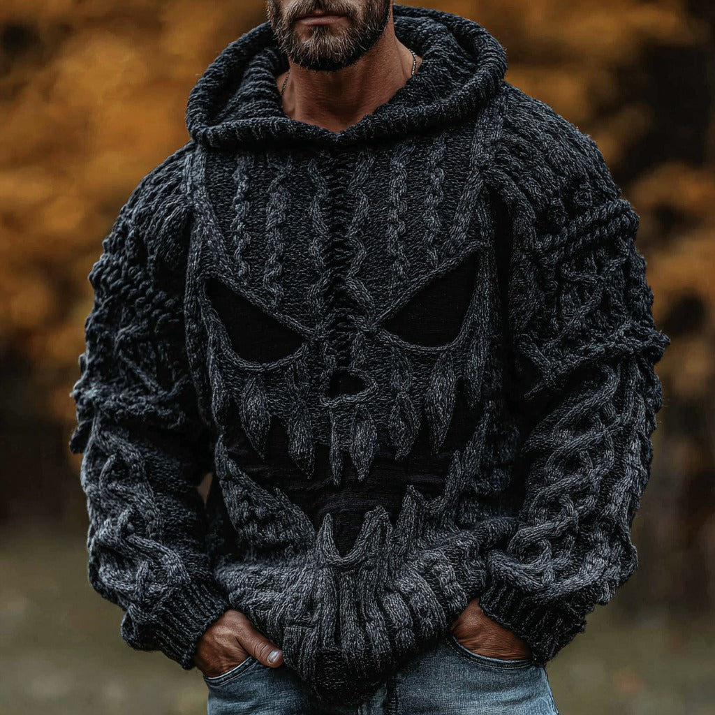 Halloween Spooky Face Gradient Cable Knit Hooded Aran Sweater artswardrobe